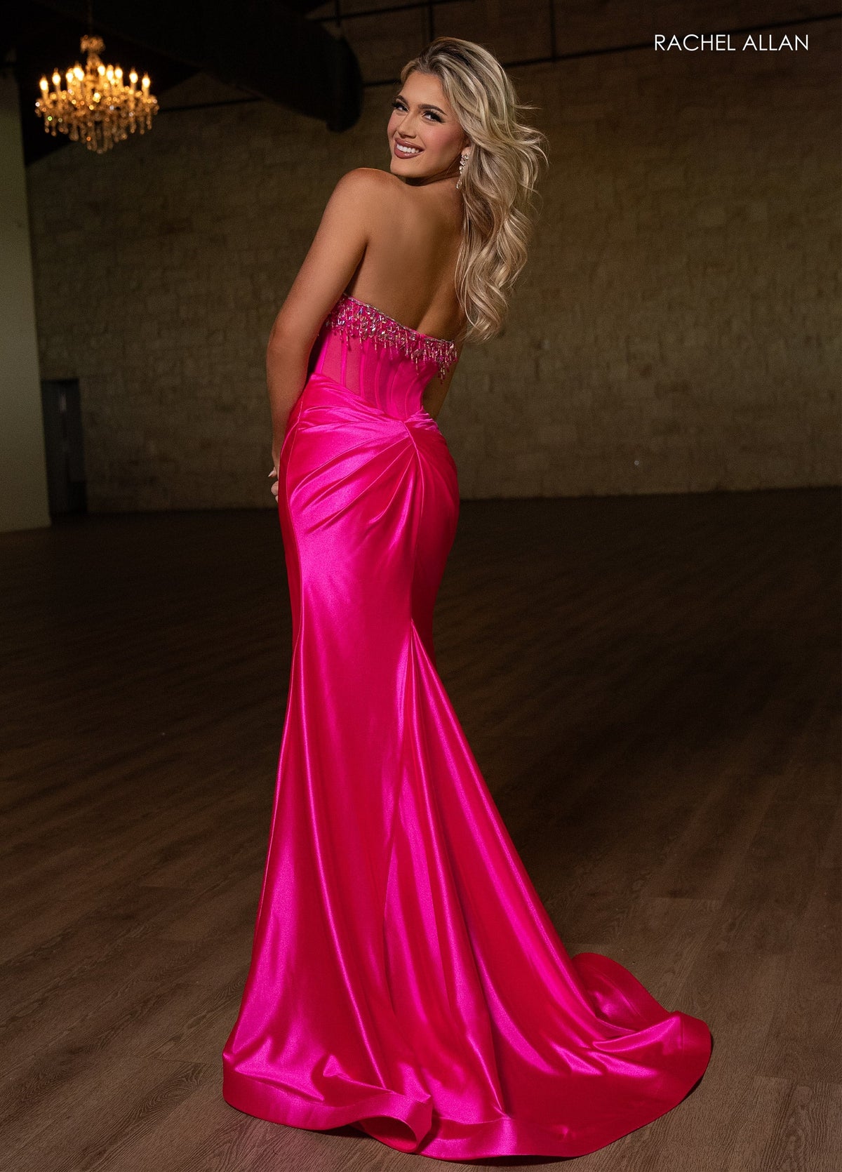 Rachel Allan 70817 Beaded Fringe Strapless Slit Gown