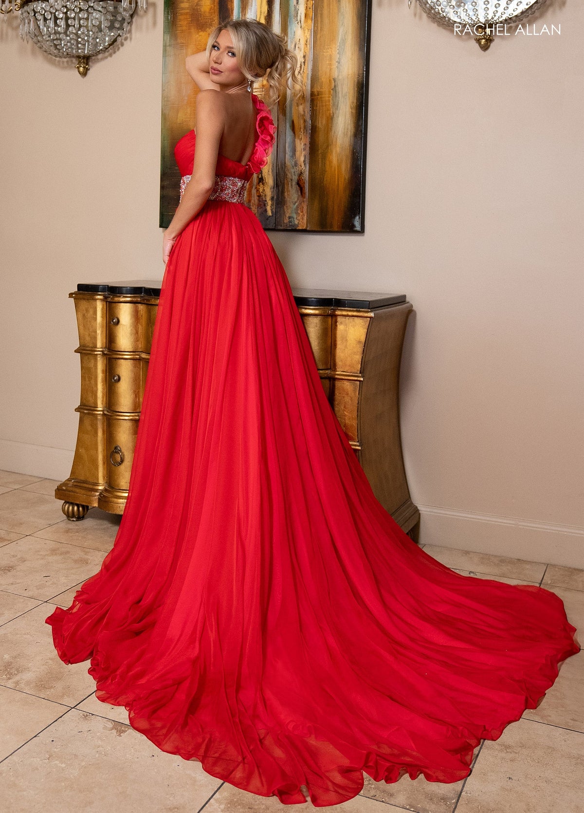 Rachel Allan 70827 One Shoulder A-line Slit Gown