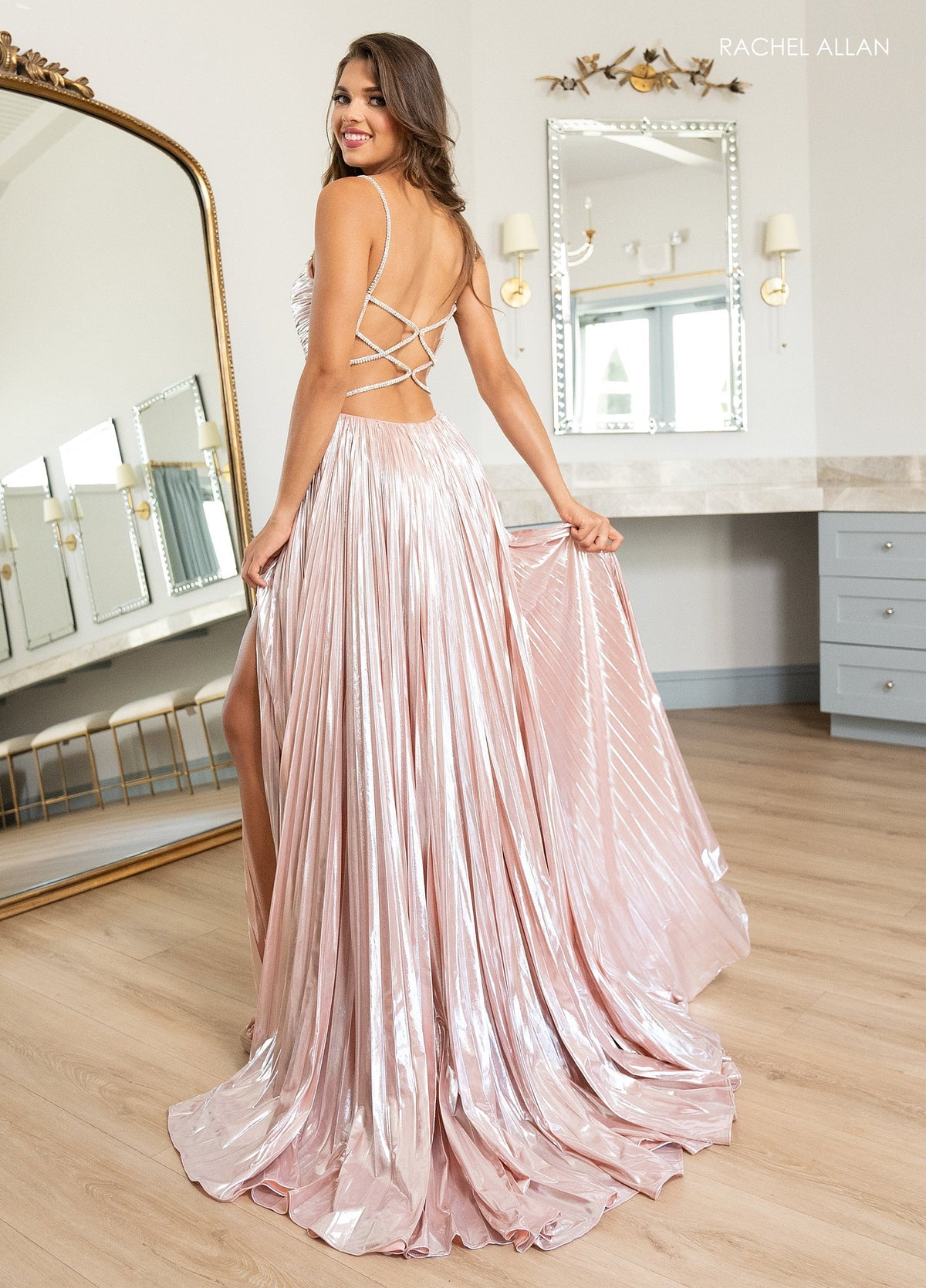 Rachel Allan 70861 Metallic Sleeveless A-line Slit Gown