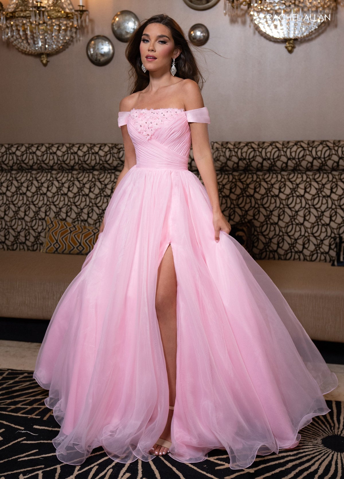 Rachel Allan 70865 Off Shoulder A-line Slit Gown