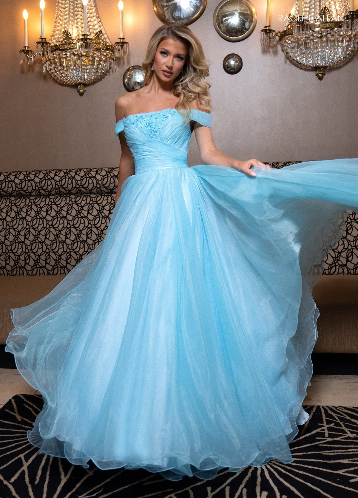 Rachel Allan 70865 Off Shoulder A-line Slit Gown