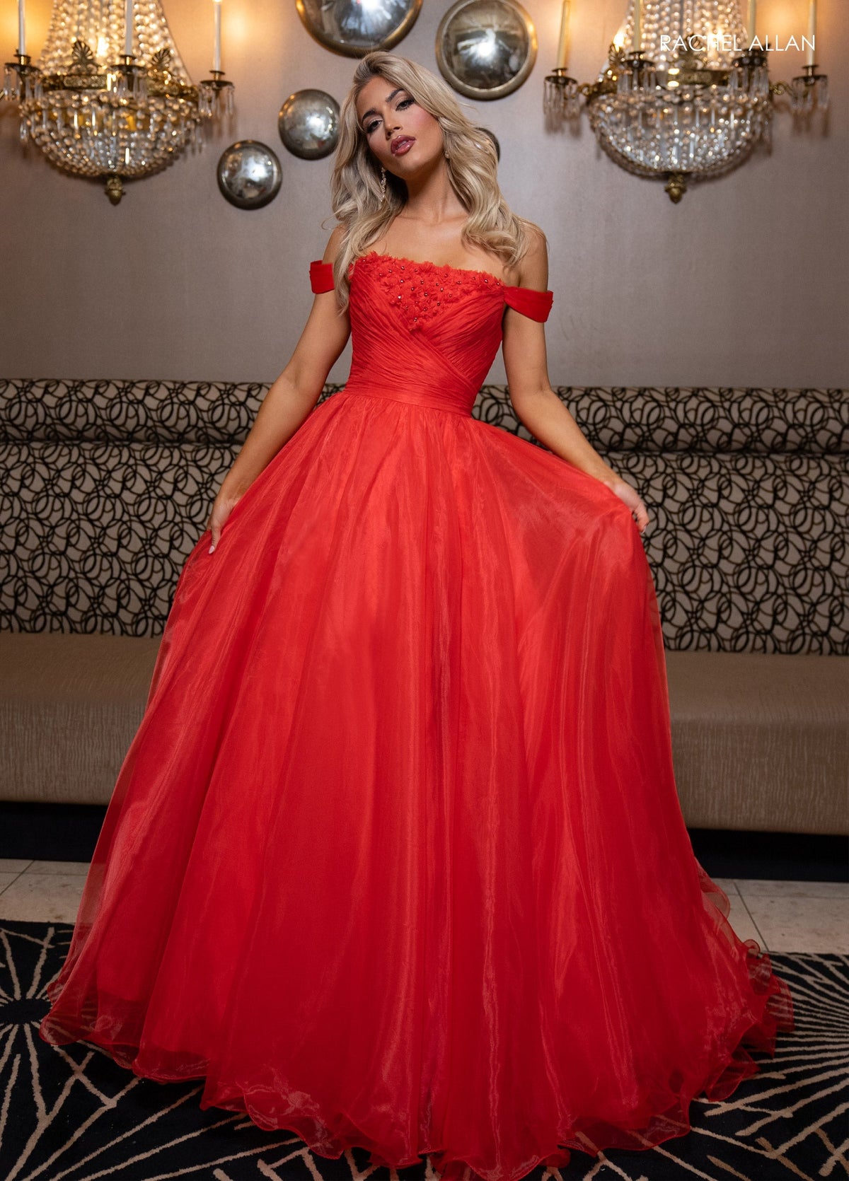 Rachel Allan 70865 Off Shoulder A-line Slit Gown