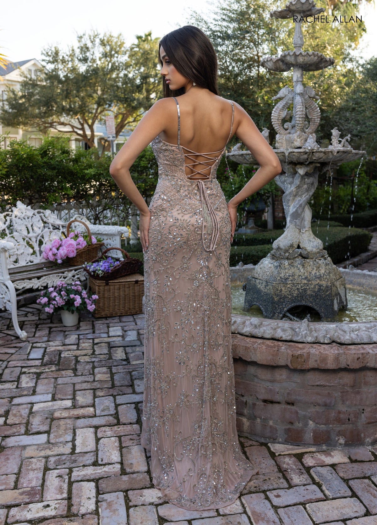 Beaded Sleeveless Slit Gown by Rachel Allan 70999