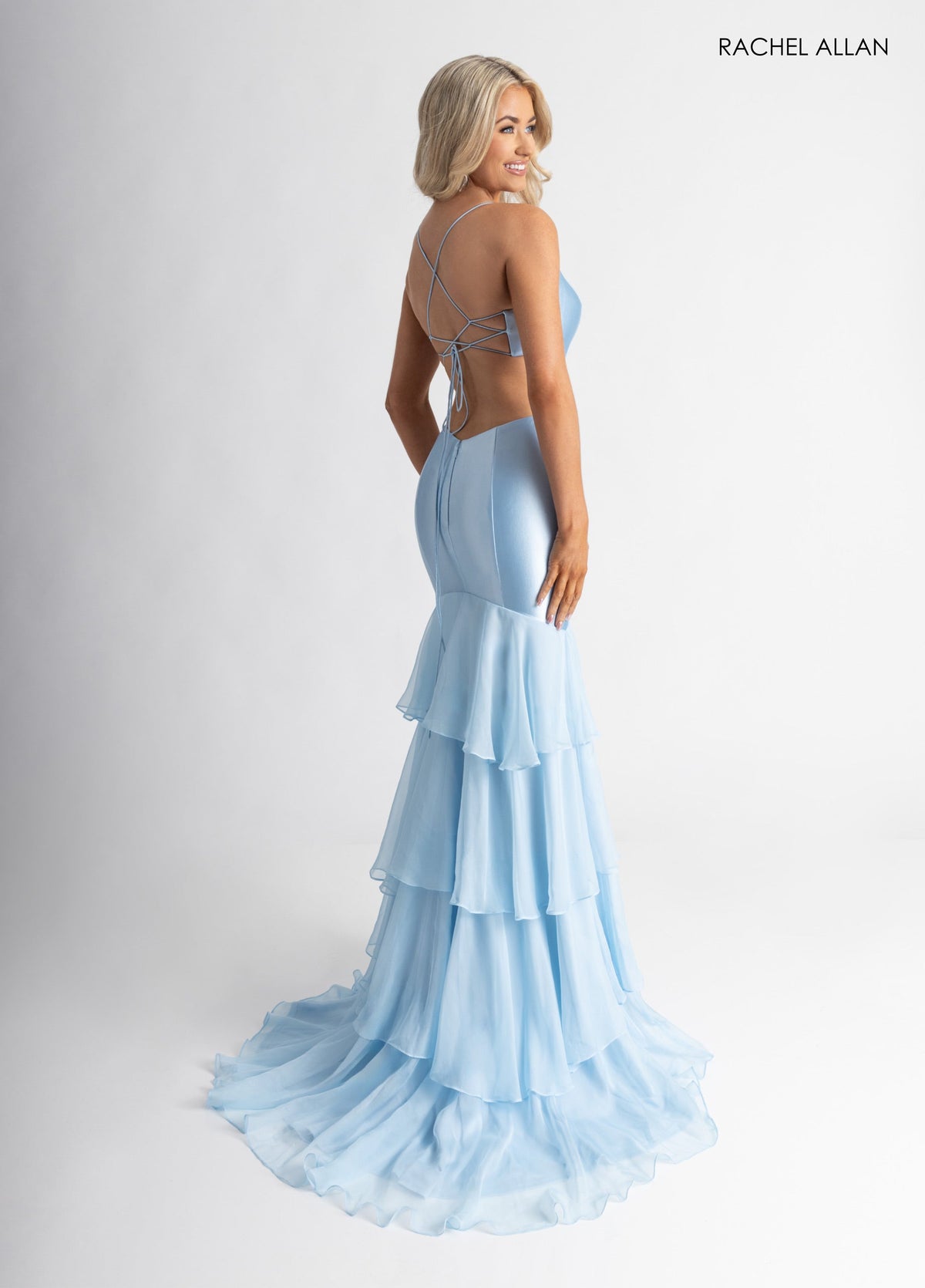 Fitted Strappy Back Ruffled Gown by Rachel Allan 71027