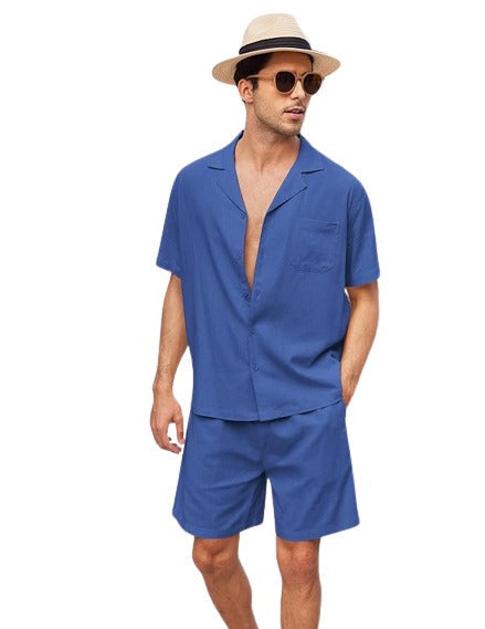 Men's 5 Button Canary 100% Linen Short Sleeve Royal Blue Two Piece Casual Two Piece Mens Walking Outfit For Sale Pant Sets Dress Suits for Men - Mens Linen Suit