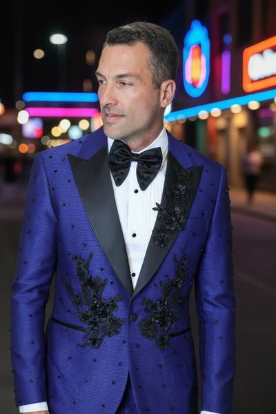 Menβs Parini Royal Blue Embellished Suit β Modern Fit Peak Lapel Prom & Formal Suit