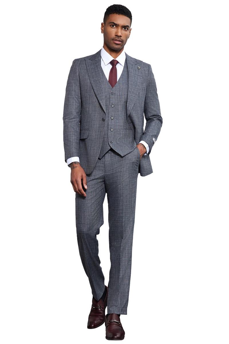 Stacy Adams Grey Sharkskin Weave Vested Suit