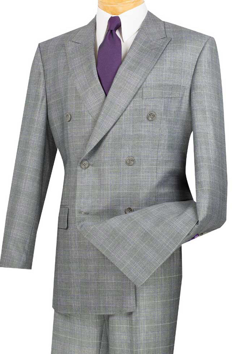 Double Breasted Glen Plaid Suit, Grey