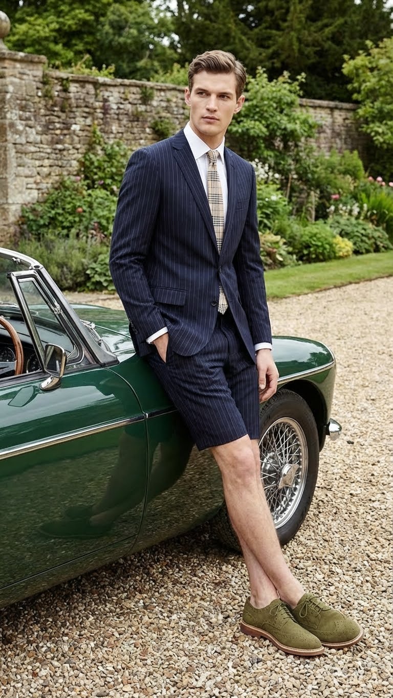 Men’s Dark Navy Blue Pinstripe or Black Pinstripe Summer Business Suit with Shorts Pants Set – Sport Coat Style Formal and Casual Outfit
