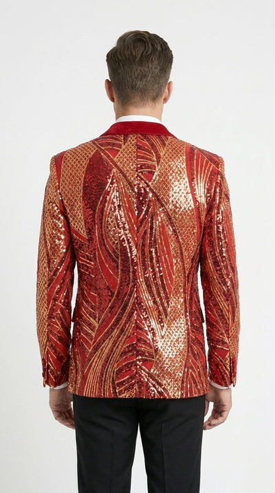 Menβs Red and Gold Sequin Christmas Holiday Blazer β Luxury Party Jacket for New Year, Wedding and Festive Events
