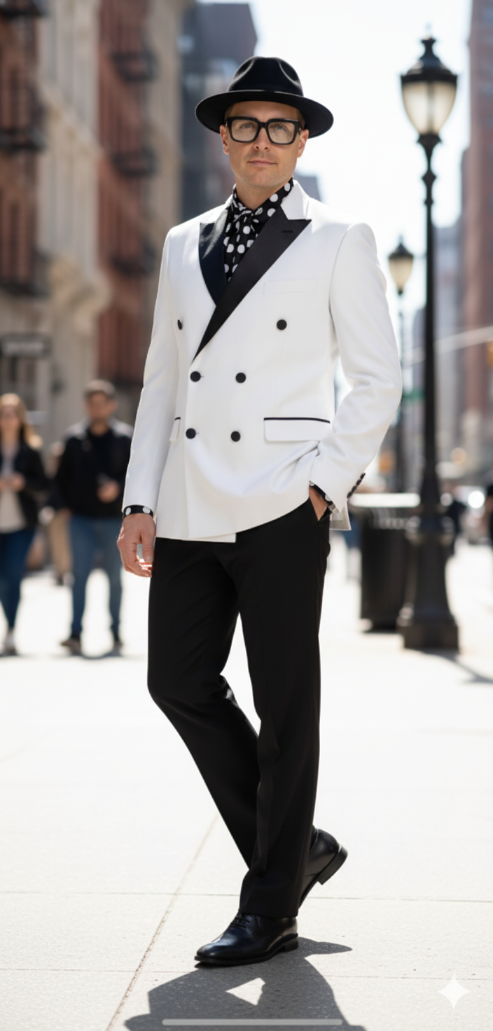 White & Black Double-Breasted Slim Tuxedo