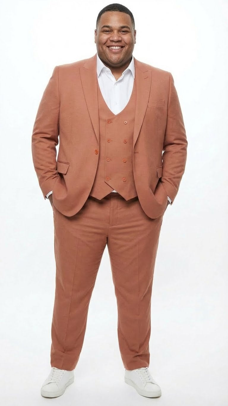 Men’s Light Rust - Peach Color - Salmon Color 3 Piece Suit Set with Vest, Classic Formal Wedding Prom Business Dress Suit