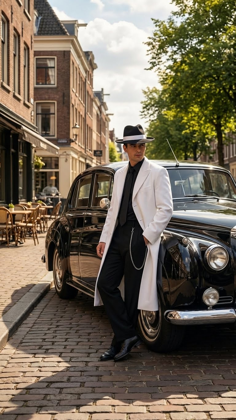 Men’s White Long Zoot Style Suit | Vintage Gangster Mafia Formal Coat with Black Pants