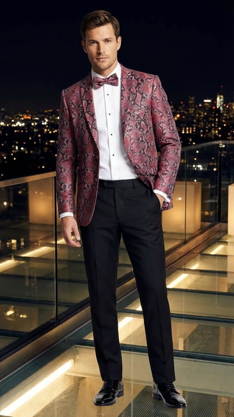 Men’s Burgundy and Black Snakeskin Print Blazer – Alligator Crocodile Sport Jacket Exotic Skin