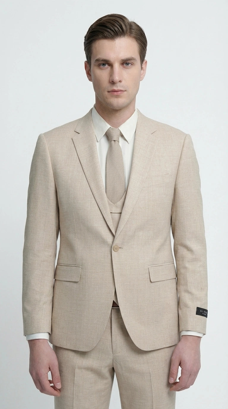 Mens Sand Beige 3 Piece Suit – Double breasted Vest Formal Suit Set and Dress Pants in Champaign Natural Summer Color