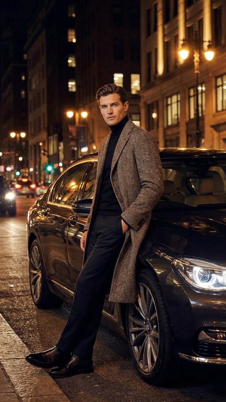 Men’s Black & Grey Herringbone Tweed Wool Blend Overcoat – Classic Single-Breasted Winter Blazer Carcoat