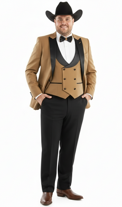 Men’s Western Cowboy Tuxedo – Tan and Black 3-Piece Suit with Satin Lapel and Vest in Mocca Coffee Color
