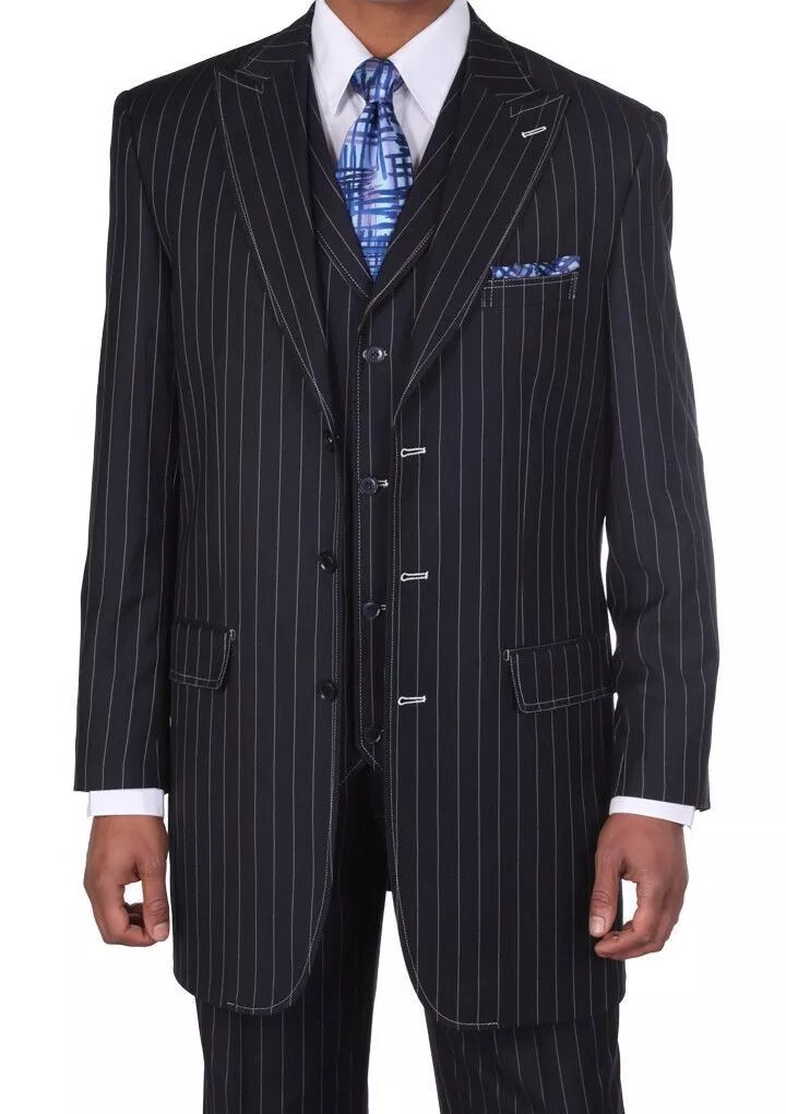 Men's Three Button Suits - Navy Blue Pinstripe Three-Piece Suit – Classic Business and Formal Wear with Tailored Fit