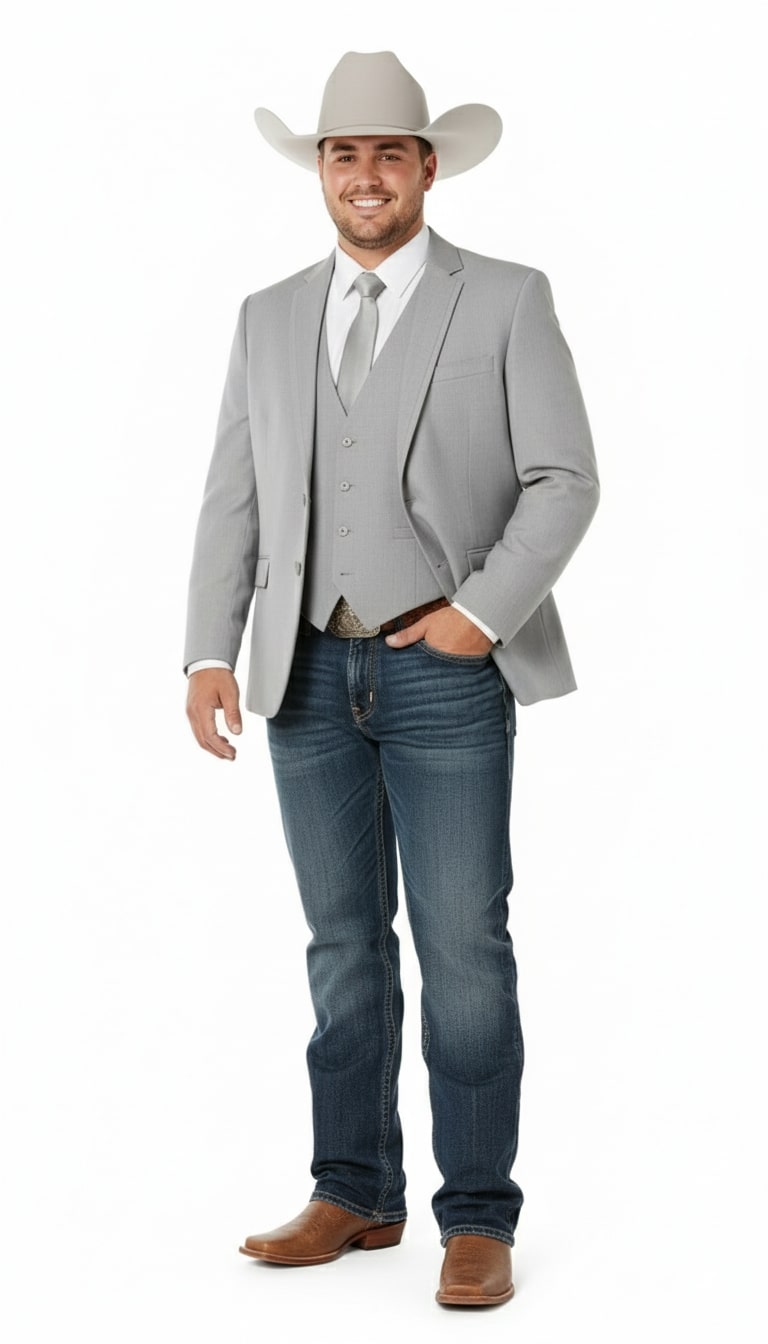 Mens Western Wedding Blazer – Light Gray Cowboy Suit Jacket for Rustic and Country Weddings