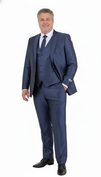 Men’s Navy Blue Shiny Finish 3-Piece Suit Set – Premium Tailored Fit Formal Wedding and Party Sateen Slim Fitted Suit