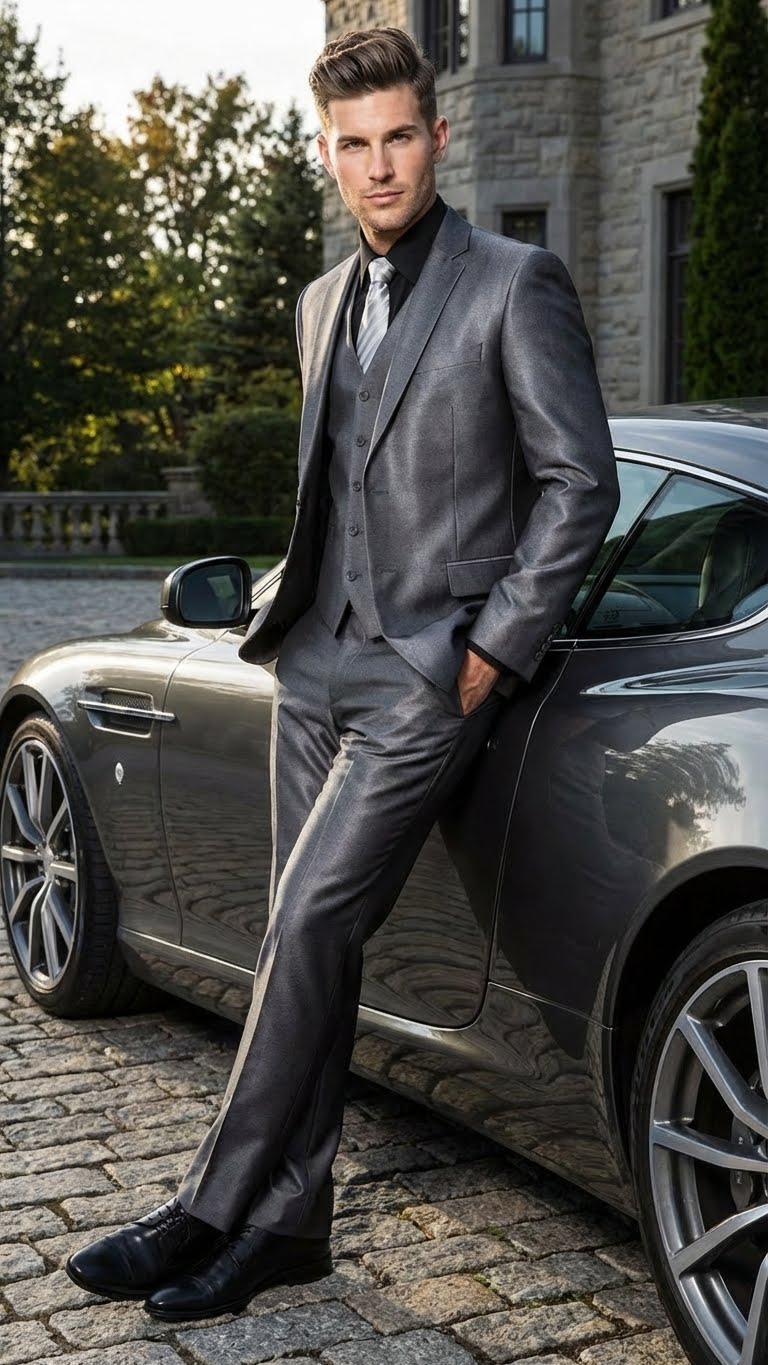 Mens Charcoal Gray Suit With Sheen - | Shiny Texture Fabric Three Piece Wedding and Party Business