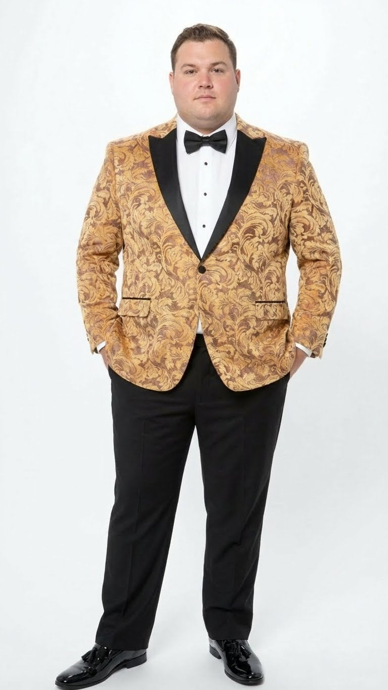 Men’s Yellow Gold Baroque Pattern Tuxedo Blazer Suit – Party and Wedding Jacket Prom Paisley Black Pants