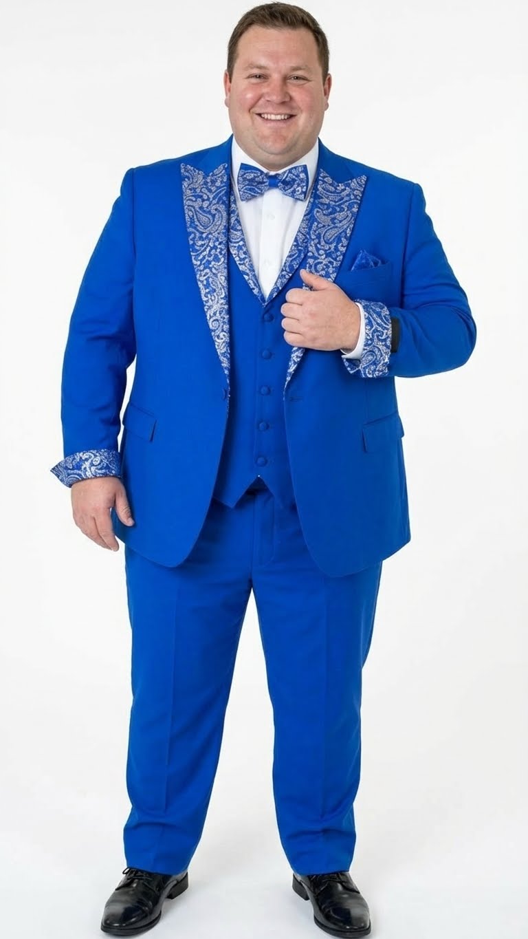 Men’s Bright Royal Blue and White lapel Embellished Tuxedo Suit – 3-Piece Formal Wedding, Prom, and Gala Outfit