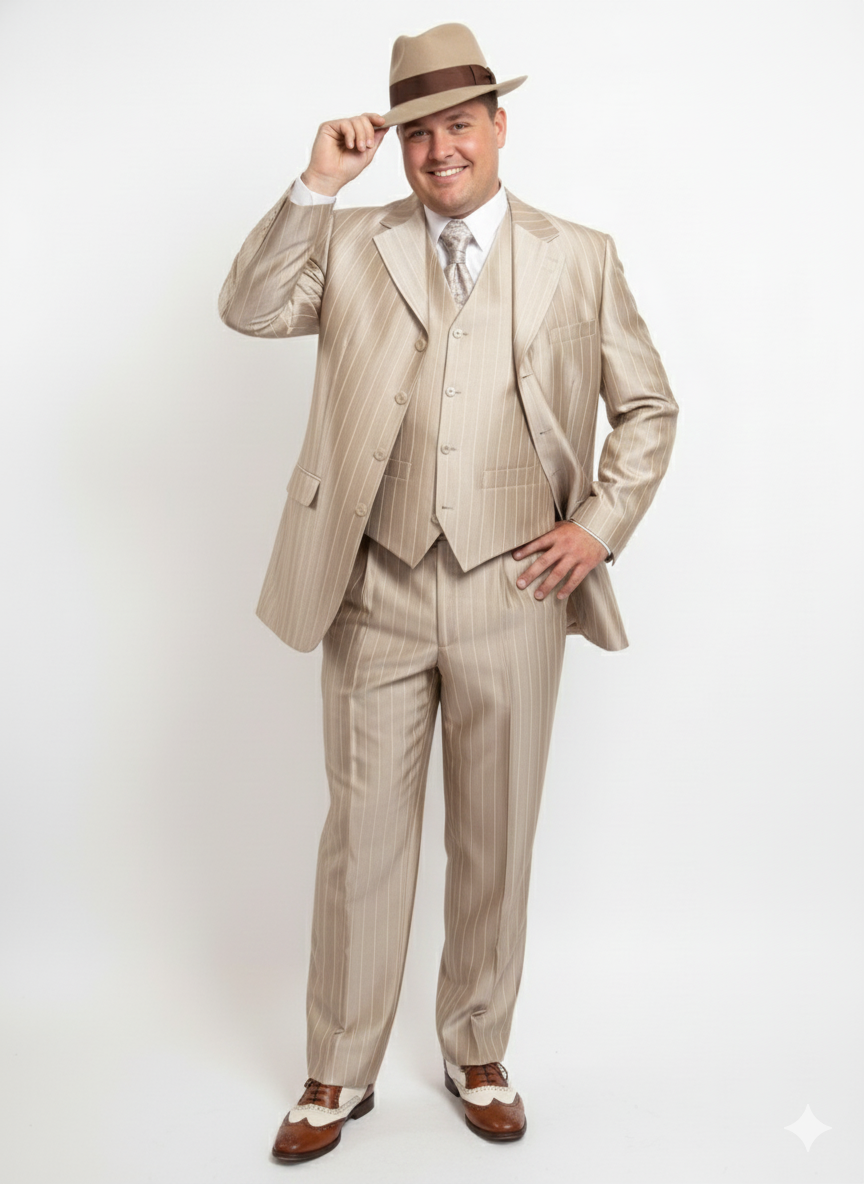 Men’s 1920s Vintage Beige Pinstripe Three-Piece Suit – Classic Fit Jacket, Vest and Trousers - Champaign Tan Color