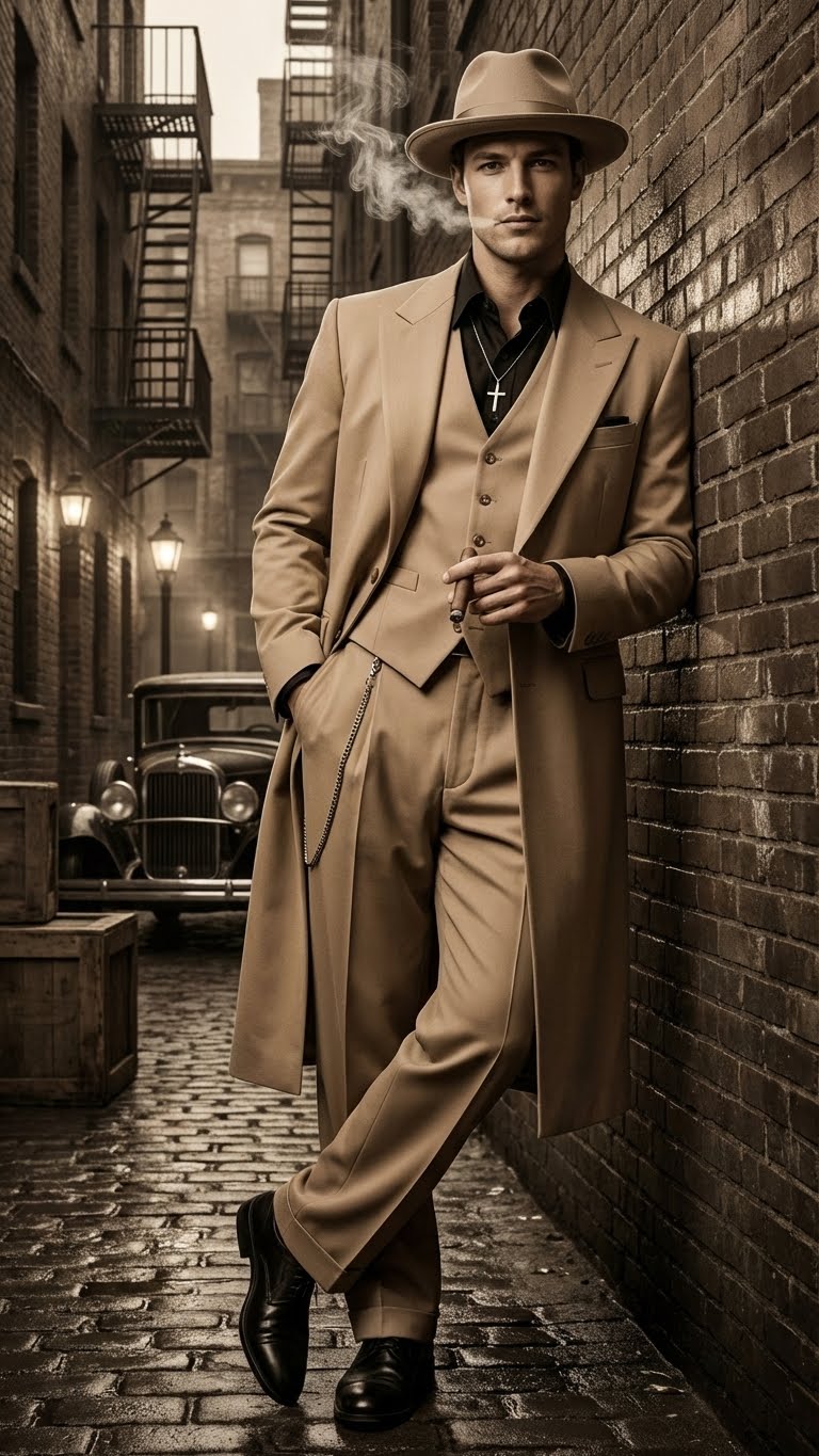 Men’s 1920s Beige Zoot Suit – Long Mafia Gangster Three-Piece Suit in Tan Khaki Color 40 inch Zuit Pachuco Suit
