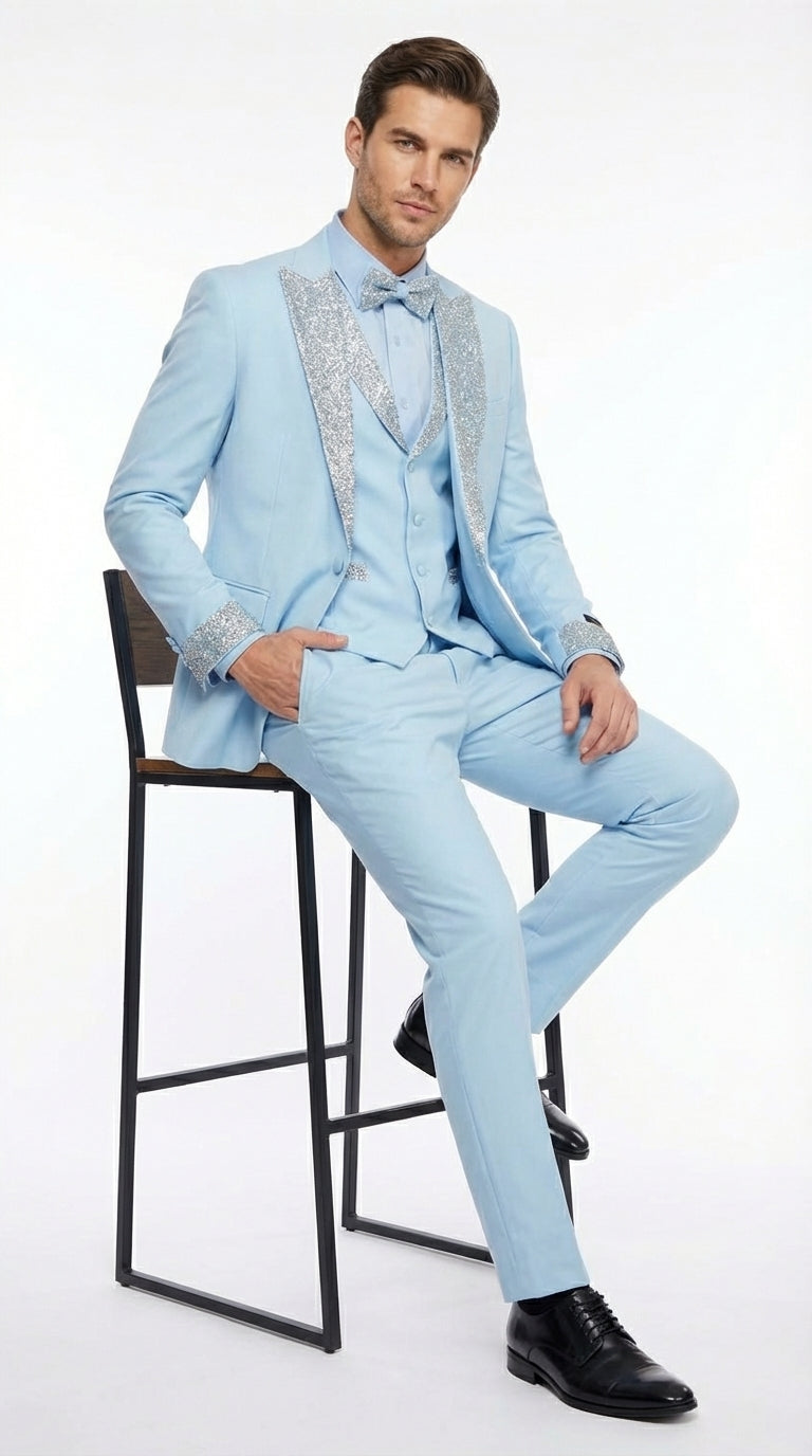Men’s Light Blue Suit with Silver Glitter Lapel – Light Blue Formal Tuxedo Suit for Prom, Wedding and Special Occasion Wear in Sky Baby Blue