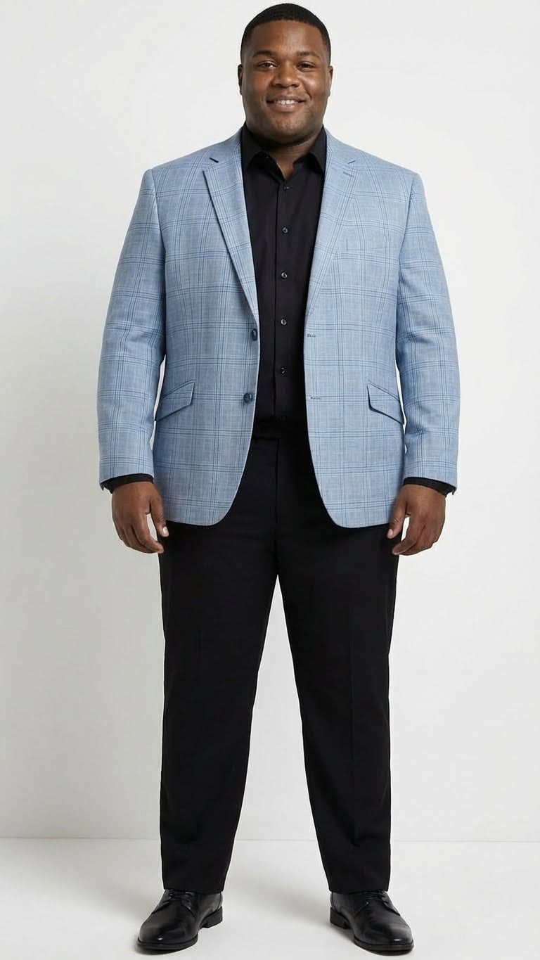 Men’s Big and Tall Light Blue Checkered Blazer and Sport Coat – Sky powder blue windowpane plaid pattern Jacket