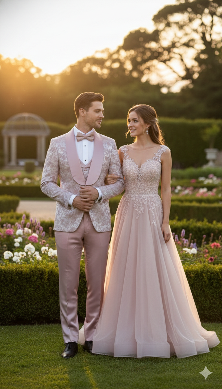 Men’s Light Pink Dusty Rose - Floral Tuxedo Suit – Luxury Satin Shawl Lapel 3-Piece Formal Wedding and Prom Suit in Blush Mauve color