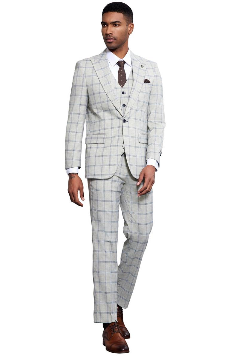 Stacy Adams Grey & Blue Windowpane Plaid Suit