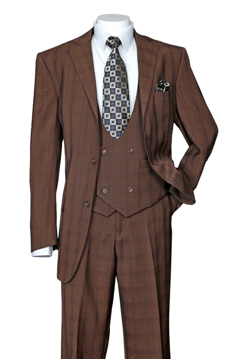 Plaid Double Breasted Scoop Vest Suit - Brown