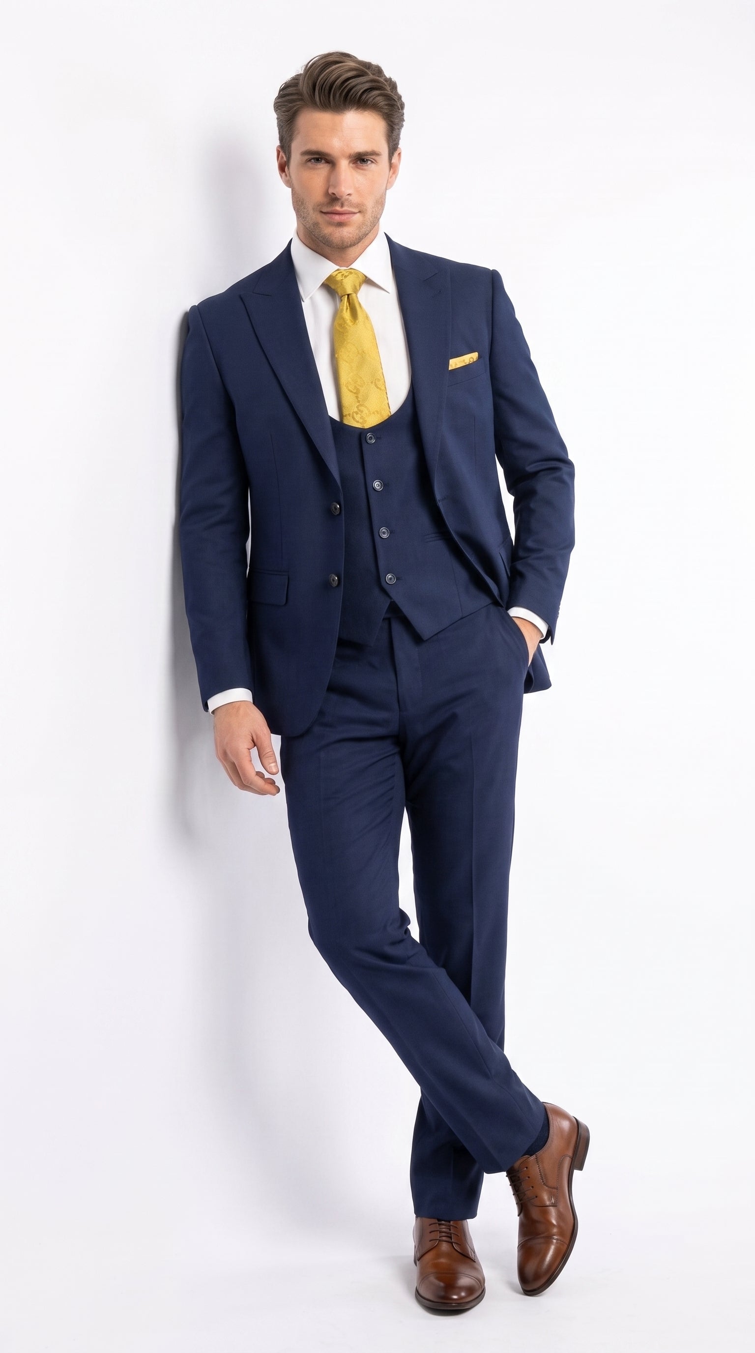 Mens Vitali 3 Piece Suit W/Scoop Vest Navy Blue 3-Piece Suit – Big Peak Lapel Vest and Pants Modern Fit Two Buttons