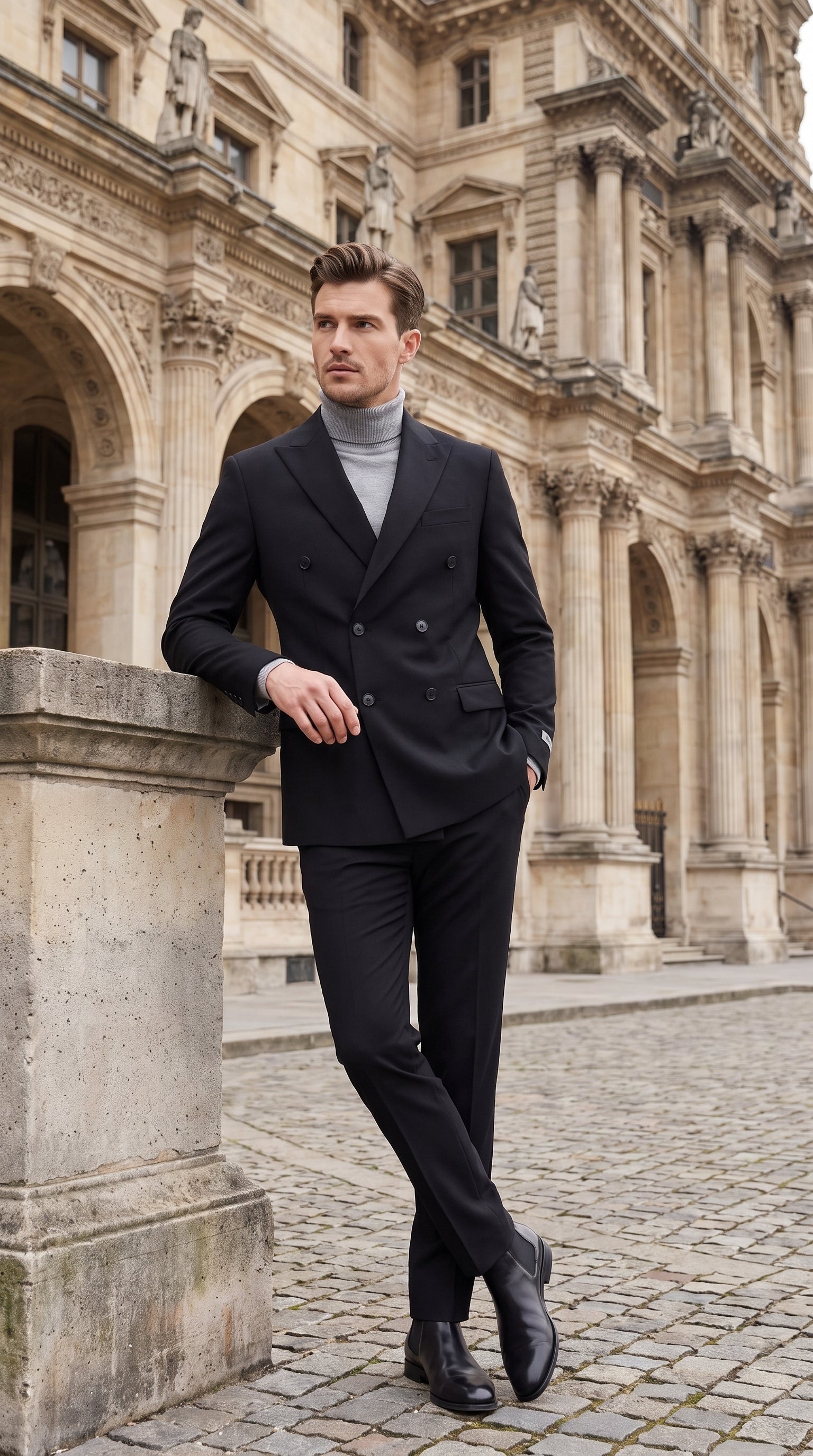Men's Designer Stacy Adams Classic Double Breasted Suit in Black Peak Lapel Slim fit