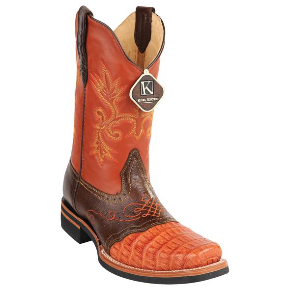 King Exotic Caiman Square Toe Saddle Vamp Boots