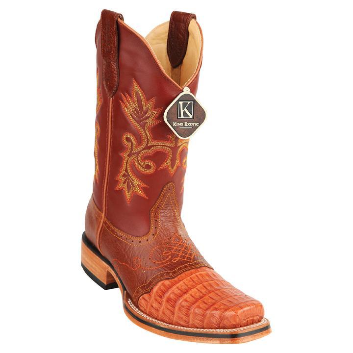 Caiman Belly Square Toe Boots Handcrafted Cognac