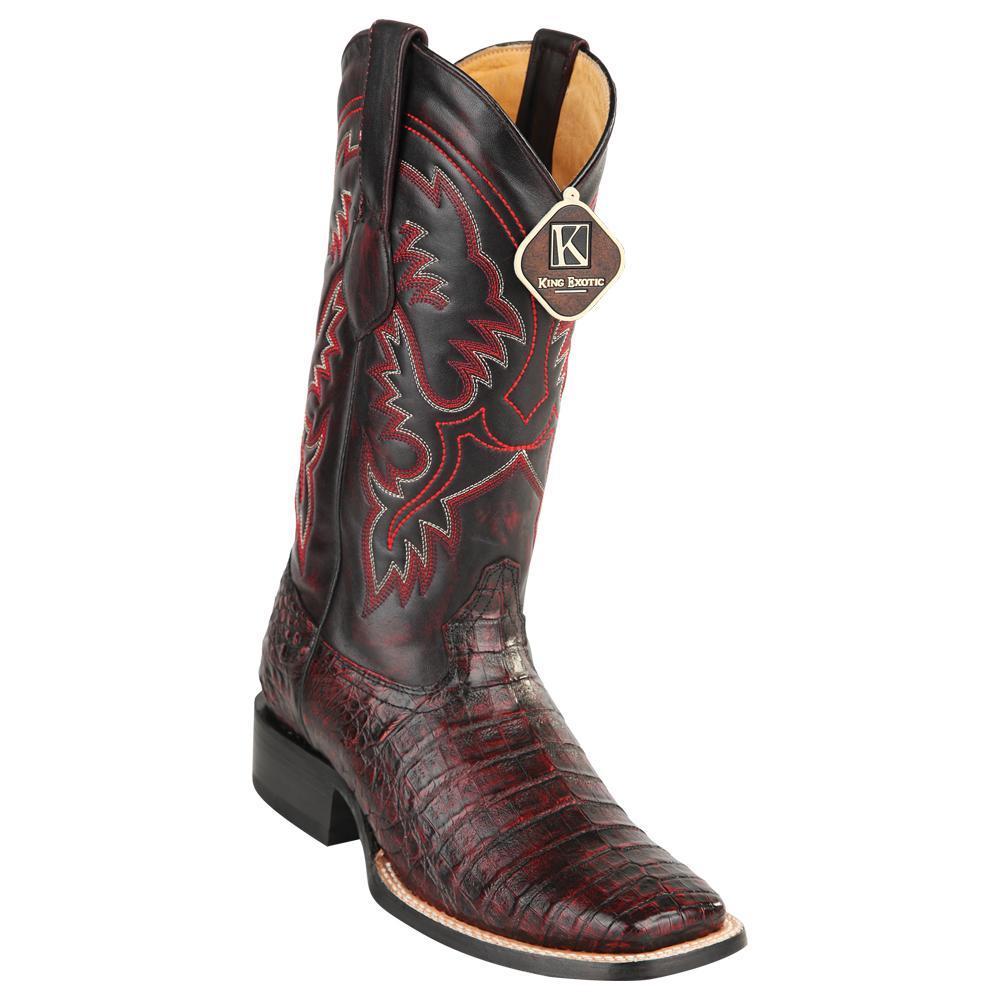 King Exotic Caiman Wide Square Toe Boots Black Cherry