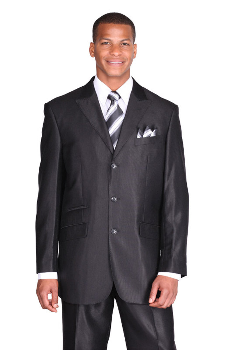 3 Button Sharkskin Peak Lapel Suit - Black