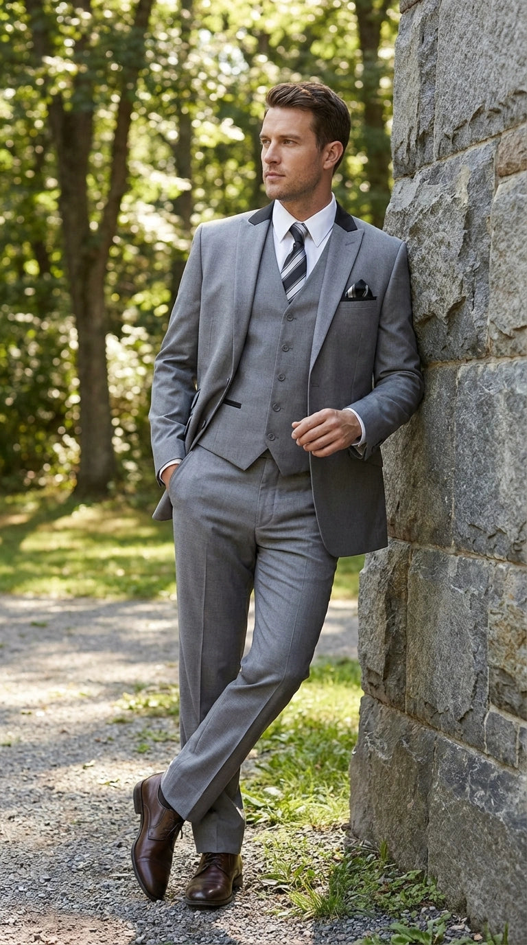 Men’s Light Gray Three Piece Suit with Black Chesterfield Collar – Classic Formal Weddings and Business Suit Set 1920s Vintage