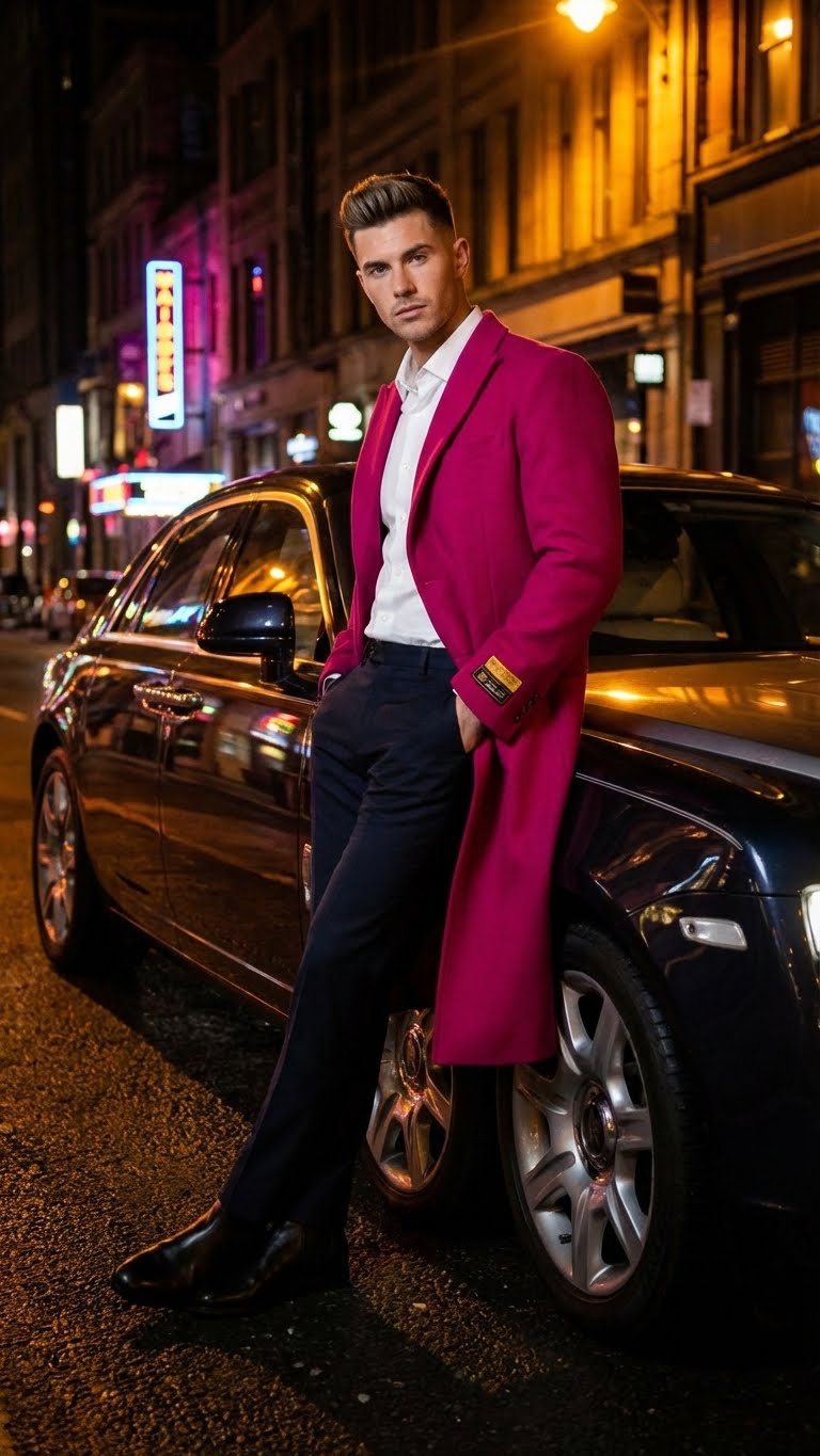 Men’s Hot Pink Wool Blend Overcoat – Topcoat Carcoat Winter Fabric
