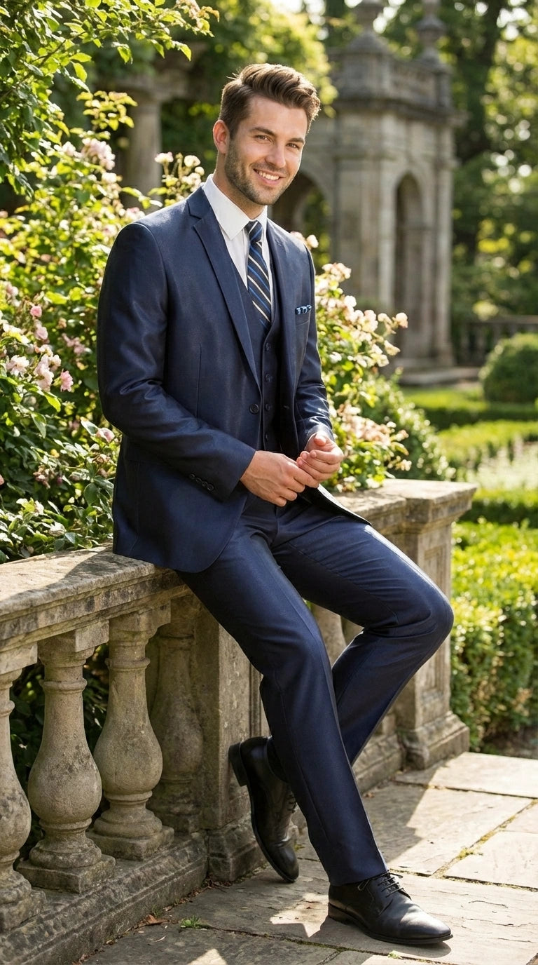 Men’s Navy Blue Sharkskin 3 Piece Suit – Two Button Vested Sleek Formal Suit for Wedding, Prom, Business and Party Wear