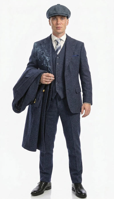 Menβs Navy Blue Herringbone Tweed 1920s 3 Piece Suit with Overcoat β Vintage Peaky Blinder Style Formal Suit Set with Blazer, Waistcoat + Overcoat + Hat