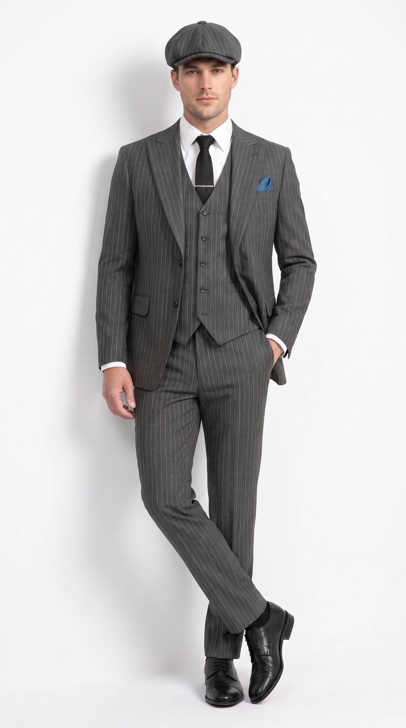 Men’s Thomas Shelby Peaky Blinders Gray Wool Suit Out fit Charcoal Grey Pinstripe 3-Piece Vintage 1920s Suit
