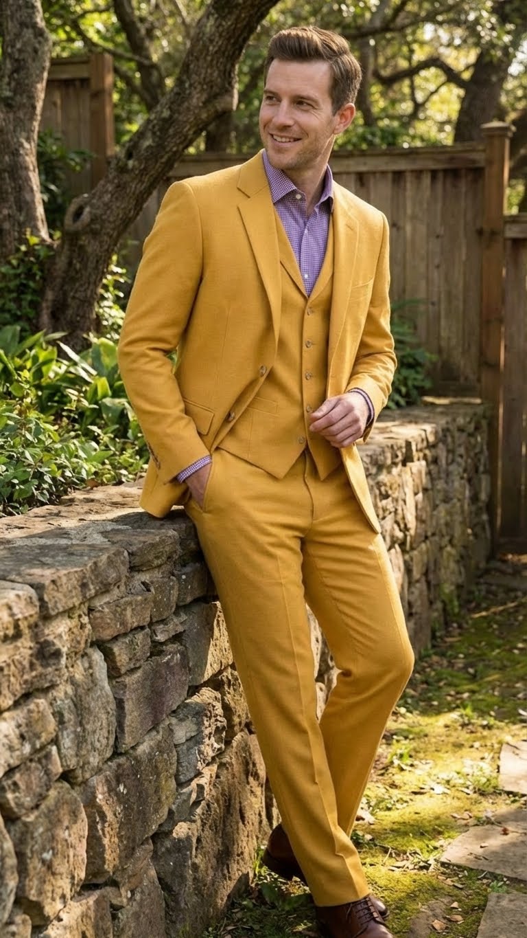 Men’s Mustard Yellow Three Piece Suit | 2 Button Notch Lapel Modern Fit in Gold Color - Church Suit