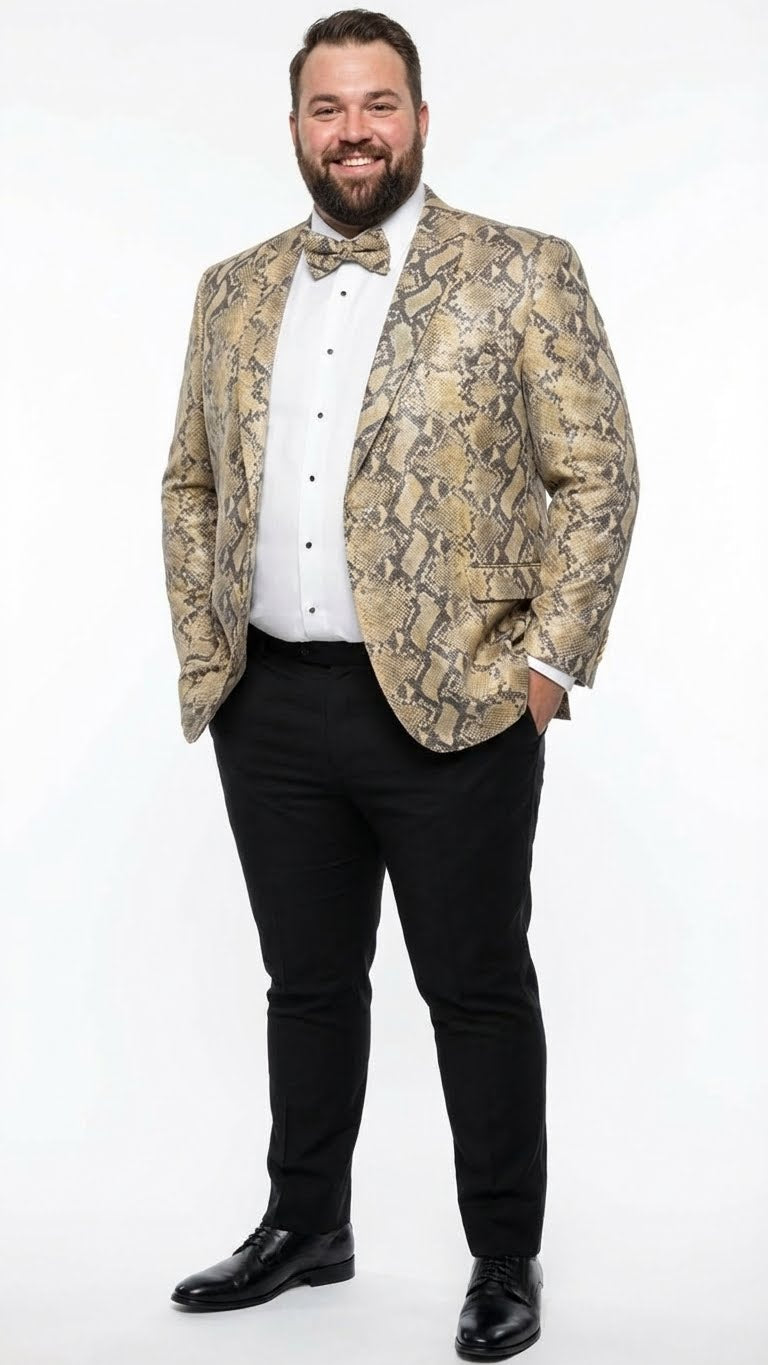 Men’s Beige and Black Snakeskin Print Blazer – Alligator Crocodile Exotic Sking Sport Coat Jacket in Tan Camel Color