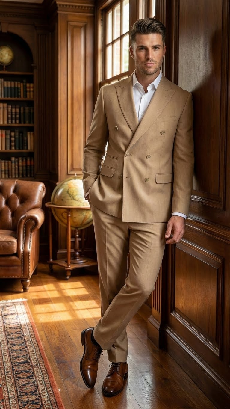 Vitali Brand Men’s Beige Double Breasted Suit – Classic Wedding, Prom & Party Wear Formal Outfit Khaki Camel Color