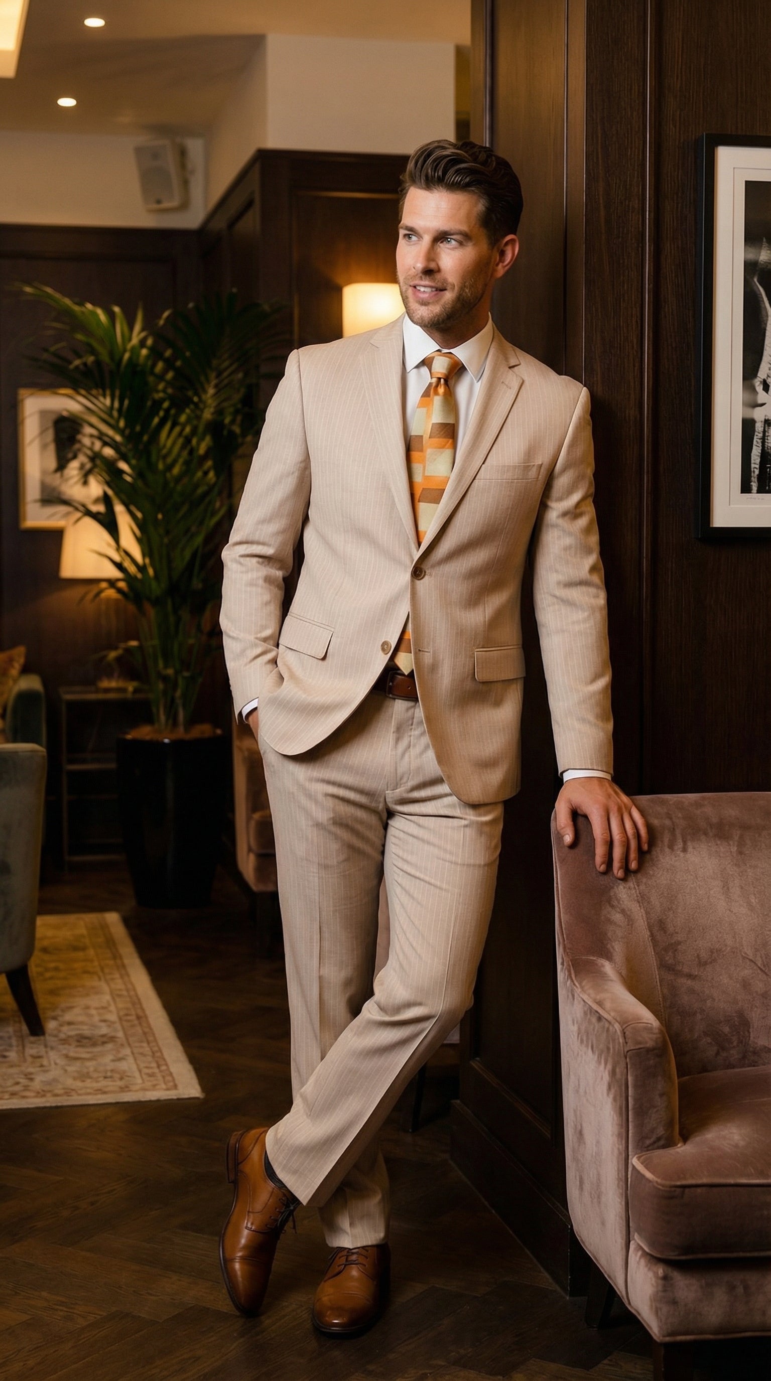 Vitali Men’s Natural Beige Pinstripe Suit – Summer Tan Pinstripe Weddings and Business Wear