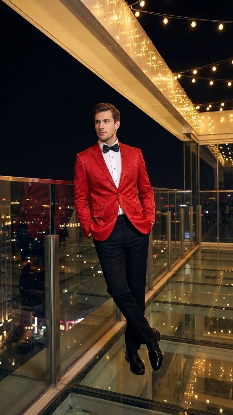 Men’s Red Paisley Velvet Blazer - Christmas new year Sport Coat Jacket - Prom 2026 Collection